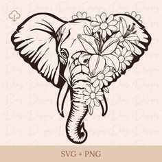 an elephant with flowers on it's trunk and the words svg + png