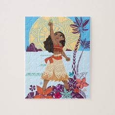 a piece of puzzle with an image of a woman on the beach and palm trees