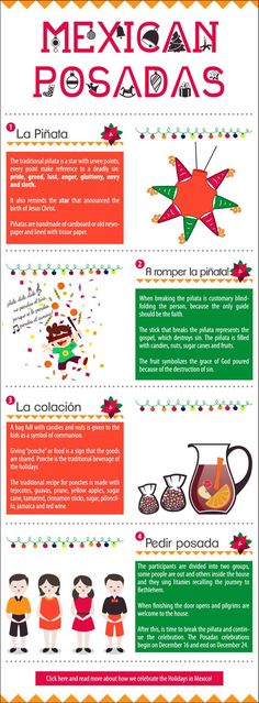 the mexican holiday info sheet is shown in red, green and orange colors with an image of