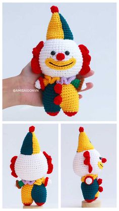 crocheted clown doll made to look like it is smiling