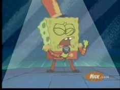 an animated spongebob character standing in front of a stage with his mouth open