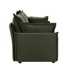 the back of a green chair with pillows on it's arm and two arms