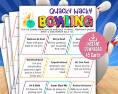 four bowling game cards with the words,'quty nacky bowling '