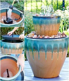 the process of painting a potted plant with blue and green paint, including pouring water into it