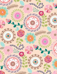 an abstract floral pattern with pink, orange and blue flowers on a light peach background