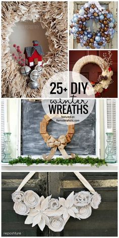 different wreaths and decorations on display in front of a door with the words 25 diy wreaths