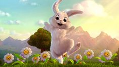 a white rabbit standing on its hind legs in the grass with flowers and mountains behind it