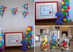 birthday party decorations including candy, candies and personalized items for the children's first birthday