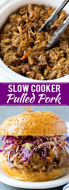 slow cooker pulled pork with coleslaw and slaw on top in a white bowl