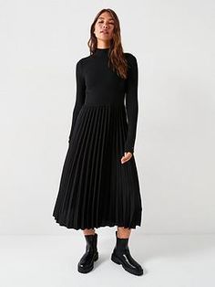 Tommy hilfiger pleated long sleeve dress - black material content: 95% viscose, 5% elastane