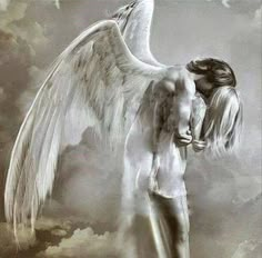 an angel hugging a man in the clouds