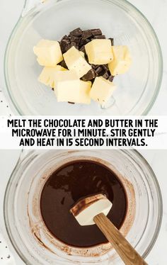 chocolate and butter in a glass bowl next to an image of the ingredients for making it