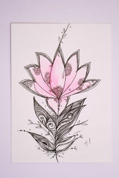 a watercolor drawing of a pink flower on white paper