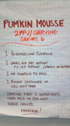 a piece of paper with writing on it that says pumpkin mouse 2pm / serving serve 6