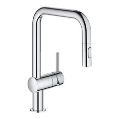 a chrome sink faucet with two handles and nozzles on the side