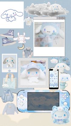 a collage of blue and white items including a cell phone, baby clothes, an animal toy