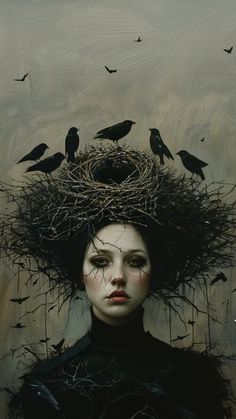 a painting of a woman with birds on her head