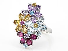 1.35ctw Oval Glacier Topaz™ & .16ctw Round Swiss Blue Topaz, 1.04ctw Oval & .08ct Raspberry Rhodolite, .99ctw Oval & .12ct Round Brazilian Citrine, .99ctw Oval & .06ct Round Lavender Amethyst Rhodium Over Sterling Silver Flower Ring. Measures Approximately .84"L x 1.12"W. Not Sizeable. Multi-stone Cubic Zirconia Cluster Jewelry, Multi-stone Cluster Jewelry In Cubic Zirconia, Cluster Multi-stone Cubic Zirconia Jewelry, Fine Jewelry Cluster Gemstones With Multi-stone, Multicolor Cluster Jewelry With Accent Stones, Multicolor Cluster Fine Jewelry, Silver Flower Ring, Lavender Amethyst, Swiss Blue Topaz