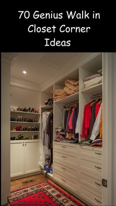 a walk in closet with lots of clothes and rugs on the floor next to it