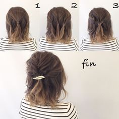 1, divide the top part into three and connect! 2, I will play the three of them! We will combine 3, 2! It collapses on the whole, it is completed with a hair access attached to the knot! Updos Prom, Loose Updo, Hairstyles Ponytail, Short Hair Updo, Half Up Hair, Loose Hairstyles