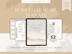 the boho self - care planner is on display in front of a beige background