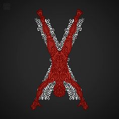 the letter x is made up of red and white swirly designs on a black background