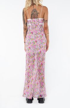 Sweet lace trim outlines the Empire waist of this romantic floral maxi designed with stretchy straps and a smocked back. 59" length (size 4) Hidden side-zip closure V-neck with ties Spaghetti straps Partially lined 100% polyester Hand wash, dry flat Imported Maxi Design, Pink Formal Dresses, Fleece Dress, Floral Print Maxi Dress, Outerwear Outfit, Floral Print Maxi, Invisible Zip, Pink Maxi Dress, Curve Dresses