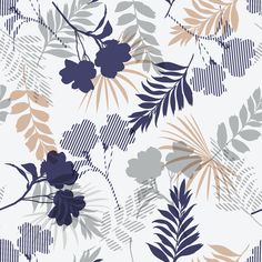 an abstract floral pattern with blue and gold leaves on a white background for wallpaper