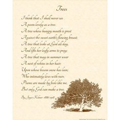 a poem written in brown ink on parchment paper with an image of a tree and the words trees