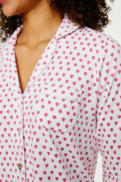 Stay cozy in bed in these new soft and plush PJs that feature our chic hearts print in a vibrant pink colorway. This pajama set includes a long-sleeve polo top and matching bottoms. 5 Buttons Chest Pocket Elastic Waistband Prefer your PJs to be super lightweight and breathable? You will adore our Hearts Loungewear Sets! Materials and Care 100% Long-Staple Premium Cotton Machine wash warm with like colors. Do not bleach Line Dry recommended. Warm iron if needed Imported Measurement Information Se Pajama Set Long, Sweater Bags, Pyjamas Womens, Roller Rabbit, Print Pants, Sleepwear Sets, Loungewear Sets, Cozy Bed, Long Sleeve Polo