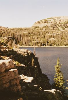 a large body of water surrounded by trees and mountains in the distance with rocks on both sides