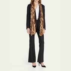 Saint Laurent tiger pattern cashmere-blend rectangle scarf May be styled multiple ways Fringe trim  Modal/cashmere Professional cleaning recommended Made in Italy Luxury Scarves For Work, Luxury Scarves For Workwear, Chic Formal Silk Scarf For Fall, Fall Workwear Silk Scarf, Chic Fall Scarves For Workwear, Fall Silk Scarf For Workwear, Formal Fall Shawl, Elegant Silk Scarf For Fall Workwear, Fringe Trim