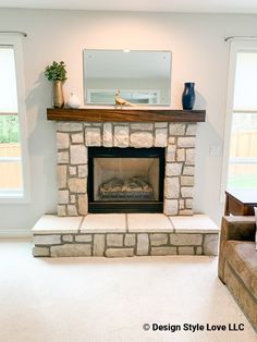 a living room with a fire place and couches