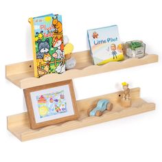 two wooden shelves with books and toys on them