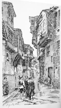 an ink drawing of people walking down a street