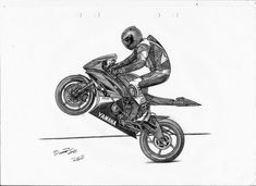 a drawing of a person on a motorcycle doing a wheelie in black and white