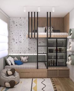 a child's bedroom with bunk beds and toys