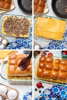 four pictures show how to make an egg bake with cheese and other toppings