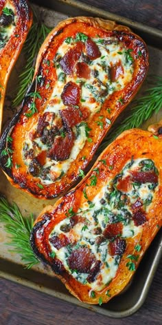 Stuffed Butternut Squash with Spinach, Bacon, and Cheese. This recipe uses Fall inspired ingredients, and is a great side dish for Thanksgiving, Christmas, or New Year's Eve. #holidaymenu #holidayrecipes #thanksgivingrecipes #thanksgivingdinner #butternutsquash #squash #squashrecipes #falldinner #fallrecipes #autumnrecipe #autumnrecipes #autumndinner Bacon Acorn Squash, Buttermilk Squash Recipes, Fall Butternut Squash Recipes, Butternut Squash With Spinach, Pumpkin Food Ideas, Squash Recipes Roasted, Stuffed Butternut Squash, Stuffed Butternut, Butternut Squash Recipes Roasted