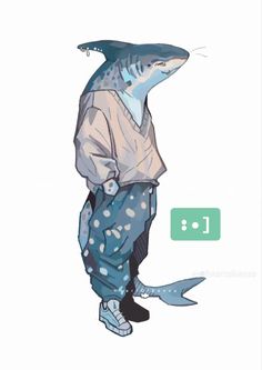 a man standing next to a shark wearing pajamas