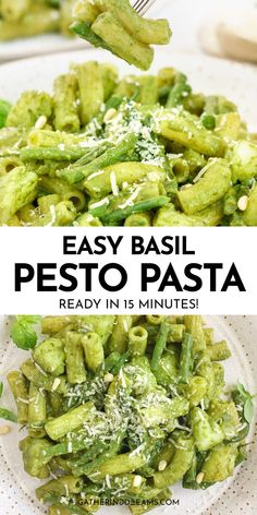 pasta with pesto and parmesan cheese is being served on a white plate