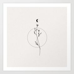 a black and white drawing of a plant with a half moon in the sky above it