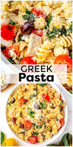 greek pasta with chicken, tomatoes and spinach in a white bowl