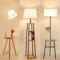 three different views of a lamp and table