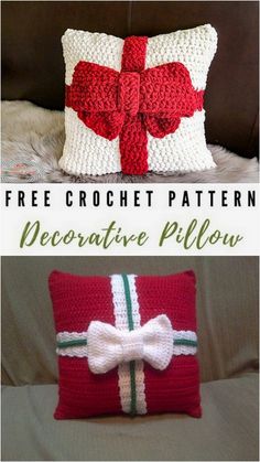 crocheted pillows with bows on them and the words, free crochet pattern decorative pillow