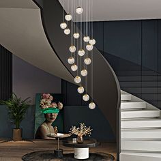 a living room with a spiral staircase and chandelier hanging from it's ceiling