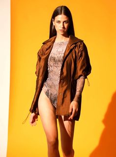 Nikita Mhaisalkar-Natural Python Print Body Suit-INDIASPOPUP.COM Tan Jacket, Python Print, Brown Silk, Silk Jacket, Suit Fabric, Dark Tan, Fabric Silk, Puffed Sleeves, Body Suit