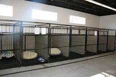 several cages are lined up against the wall