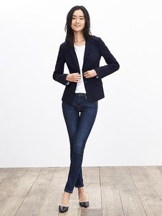 Navy Lightweight Wool Two-Button Suit Blazer | Banana Republic Slim Fit Blazer For Fall Workwear, Slim Fit Blazer With Button Closure For Work, Slim Fit Blazer With Welt Pockets For Business Casual, Business Casual Slim Fit Blazer With Welt Pockets, Fitted Blazer With Button Closure For Business Casual, Slim Fit Single Button Work Blazer, Slim Fit Single Button Blazer For Work, Slim Fit Professional Outerwear For Business Casual, Professional Slim Fit Outerwear For Business Casual