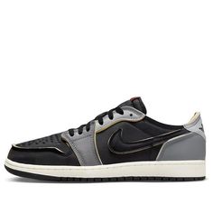 Introducing the Air Jordan 1 Low OG Black Smoke Grey. You won't find another sneaker as sleek and stylish as this piece of footwear from Jordan. Its leather upper is constructed from a breathable nylon, giving you superior comfort and ventilation for long wear periods. At first glance, you will notice its eye-catching mixture of five different colors tone: sail, coconut milk, light smoke grey, dark smoke grey, as well as black. These synthetic hues complete the overall aesthetic of the shoe with a smooth finish that's hard not to love. Additionally, an exposed foam backing provides plenty of support when out on the court or pounding city pavements. Finally, a white midsole was paired with a black outsole to add some contrast and complete the design profile. With features like these, it is Modern Black Custom Sneakers With Gum Sole, Black Urban Custom Sneakers With Perforated Toe Box, Low Air Jordan 1, Air Jordan 1 Low, Jordan 1 Low, Air Jordan 1 Retro, Air Jordan 1, Coconut Milk, Colour Tone